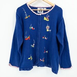 Vintage Storybook Knits Christmas Cardigan Sweater Womens 1X Ugly Embroidered